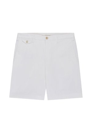 Witte katoenen shorts met zakken aan de voorkant, knoopsluiting, riemlussen en een klein zakje met knoop aan de rechterkant.
