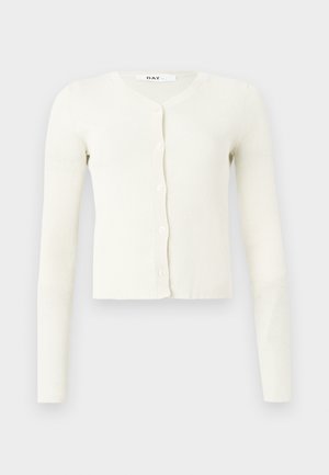 Witte geribbelde cardigan met lange mouwen, V-hals en een knoopsluiting aan de voorkant. Gemaakt van een zachte, gestructureerde stof.