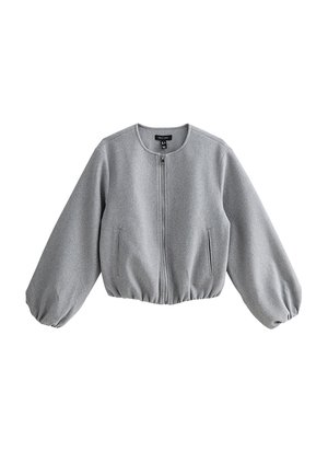 Lichtgrijs vest met ritssluiting, ronde halslijn, gerimpelde elastische manchetten en zoom, en twee verticale zijzakken.