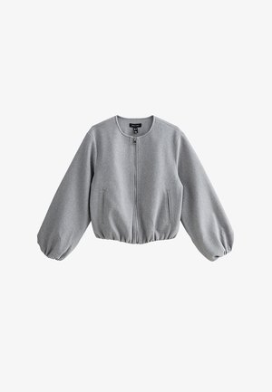 Lichtgrijs vest met ritssluiting, ronde halslijn, gerimpelde elastische manchetten en zoom, en twee verticale zijzakken.