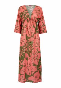 Abito maxi con scollatura a V, presenta un motivo floreale in rosa e verde, realizzato in tessuto leggero, con dettaglio a coulisse e maniche larghe.