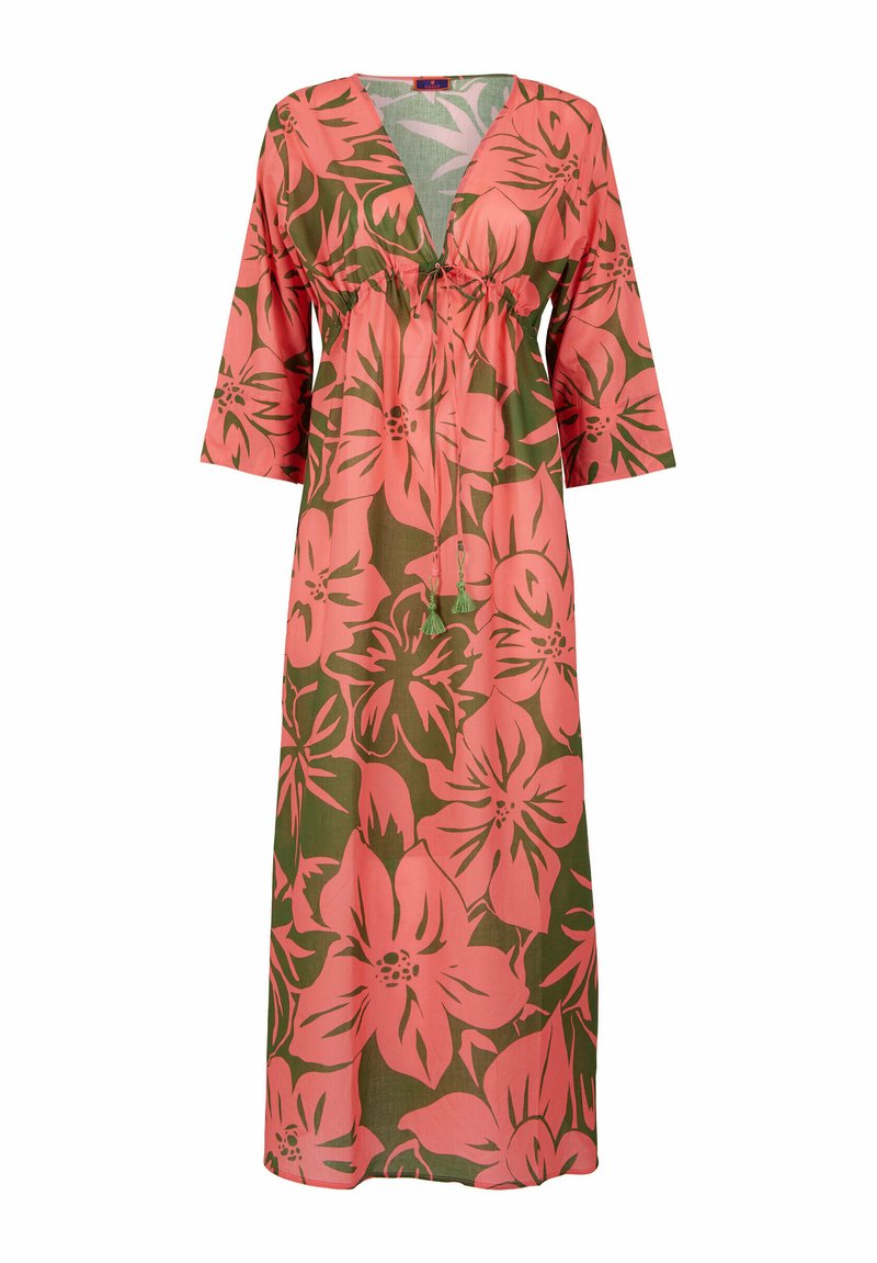 Abito maxi con scollatura a V, presenta un motivo floreale in rosa e verde, realizzato in tessuto leggero, con dettaglio a coulisse e maniche larghe.