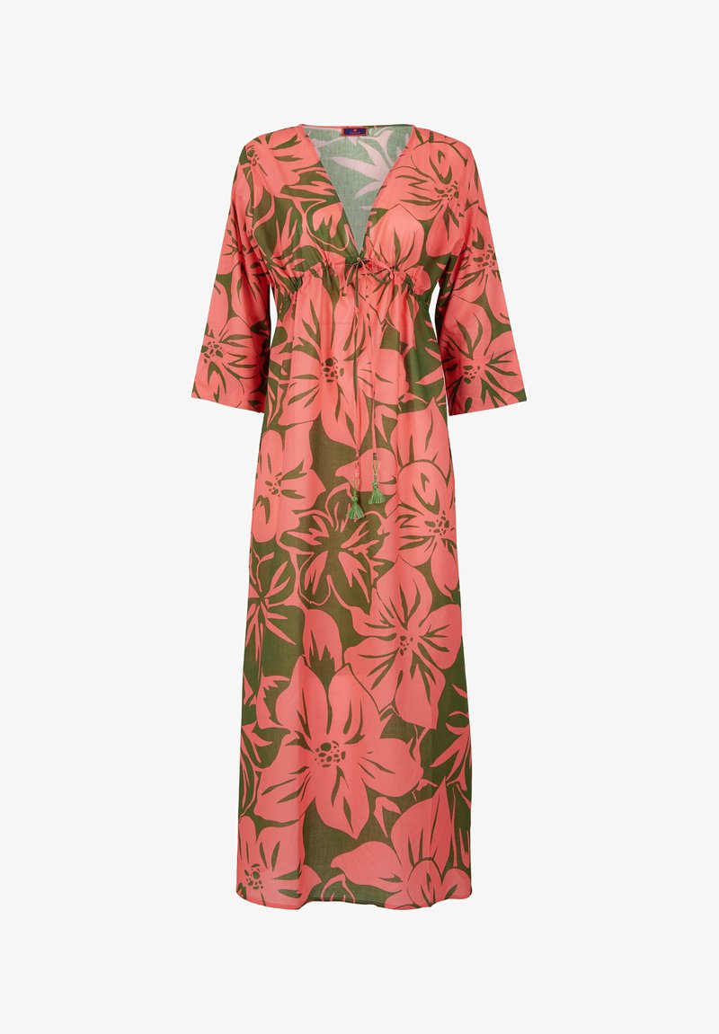 Abito maxi con scollatura a V, presenta un motivo floreale in rosa e verde, realizzato in tessuto leggero, con dettaglio a coulisse e maniche larghe.