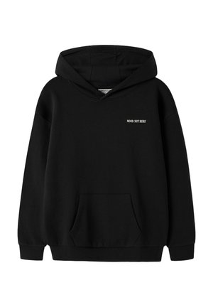 Sweat à capuche noir avec poche frontale et petit texte blanc sur la poitrine affichant "MOOD: NOT HERE" sur un fond blanc uni.