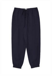 Pantalons bleu marine à taille élastique avec poches latérales et poignets froncés, fabriqués dans un tissu léger. Détail de cordon de serrage réglable à la taille.