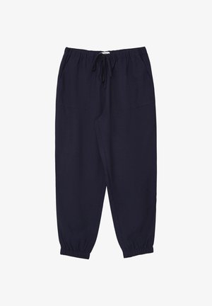 Pantalons bleu marine à taille élastique avec poches latérales et poignets froncés, fabriqués dans un tissu léger. Détail de cordon de serrage réglable à la taille.