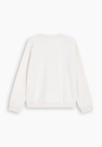 Sweat-shirt blanc uni à manches longues et col rond, posé à plat montrant le dos, avec poignets et ourlet côtelés.