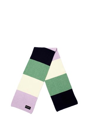 Sciarpa in maglia con righe alternate in viola, crema, verde e blu navy; texture morbida; etichetta del marchio su un'estremità. Forma rettangolare.