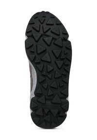 Suola di scarpa in gomma nera con battistrada triangolare, caratterizzata da un design leggermente testurizzato e dettagli bianchi lungo i bordi.