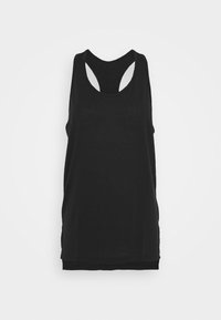 Top senza maniche di colore nero con scollatura rotonda e design racerback. Realizzato in tessuto leggero, presenta una texture liscia e una vestibilità morbida.