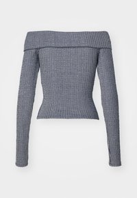 Tumestri triibuline off-the-shoulder topp pikkade varrukatega, millel on sooniktekstuuri ja liibuv siluett. Lihtne, sile krae disain.