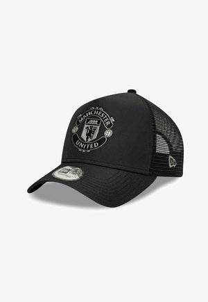 Black mesh-back cap with silver Manchester United crest on front and adjustable strap at the back.