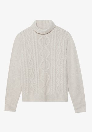 Maglione a maglia cable color crema con colletto alto a coste, caratterizzato da un motivo testurizzato e polsini e orlo a coste. Materiale morbido in misto lana.