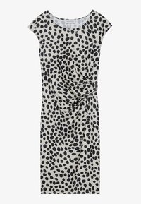 Robe à pois noirs et beiges avec des manches à capuchon, présentant un détail froncé sur le côté et un accent en boucle métallique à la taille. Tissu lisse.