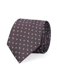 Ciemnofioletowy krawat z małym białym wzorem w kwiaty, wykonany z gładkiego materiału, starannie zwinięty, zwężający się na jednym końcu.