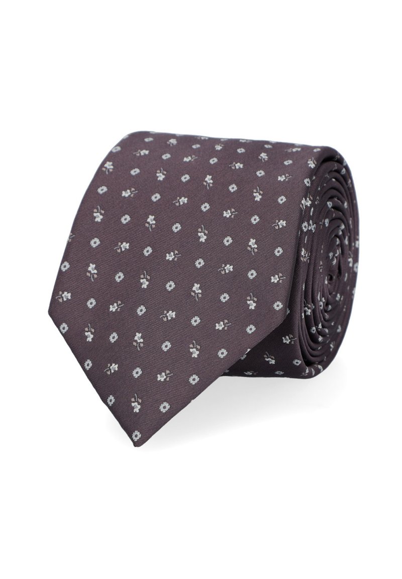 Ciemnofioletowy krawat z małym białym wzorem w kwiaty, wykonany z gładkiego materiału, starannie zwinięty, zwężający się na jednym końcu.