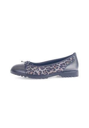 Black flat shoe with leopard print fabric sides, rounded toe, bow detail, and rugged sole, shown in right side profile.