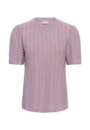 Liliowa bluzka z krótkim rękawem, z bufkami i ażurowym wzorem diamentu na całej tkaninie.