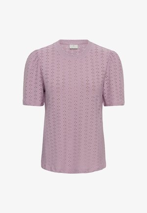Liliowa bluzka z krótkim rękawem, z bufkami i ażurowym wzorem diamentu na całej tkaninie.