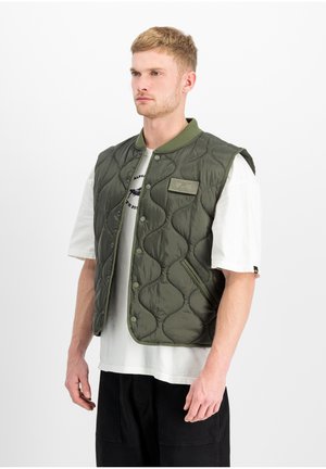 Blonder Mann trägt eine olivgrüne gesteppte Weste über einem weißen T-Shirt mit Grafik und schwarzen Hosen, steht vor einem weißen Hintergrund.