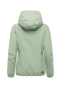 Light green hooded jacket with long sleeves, elastic cuffs, and elastic hem, shown from the back on a white background.