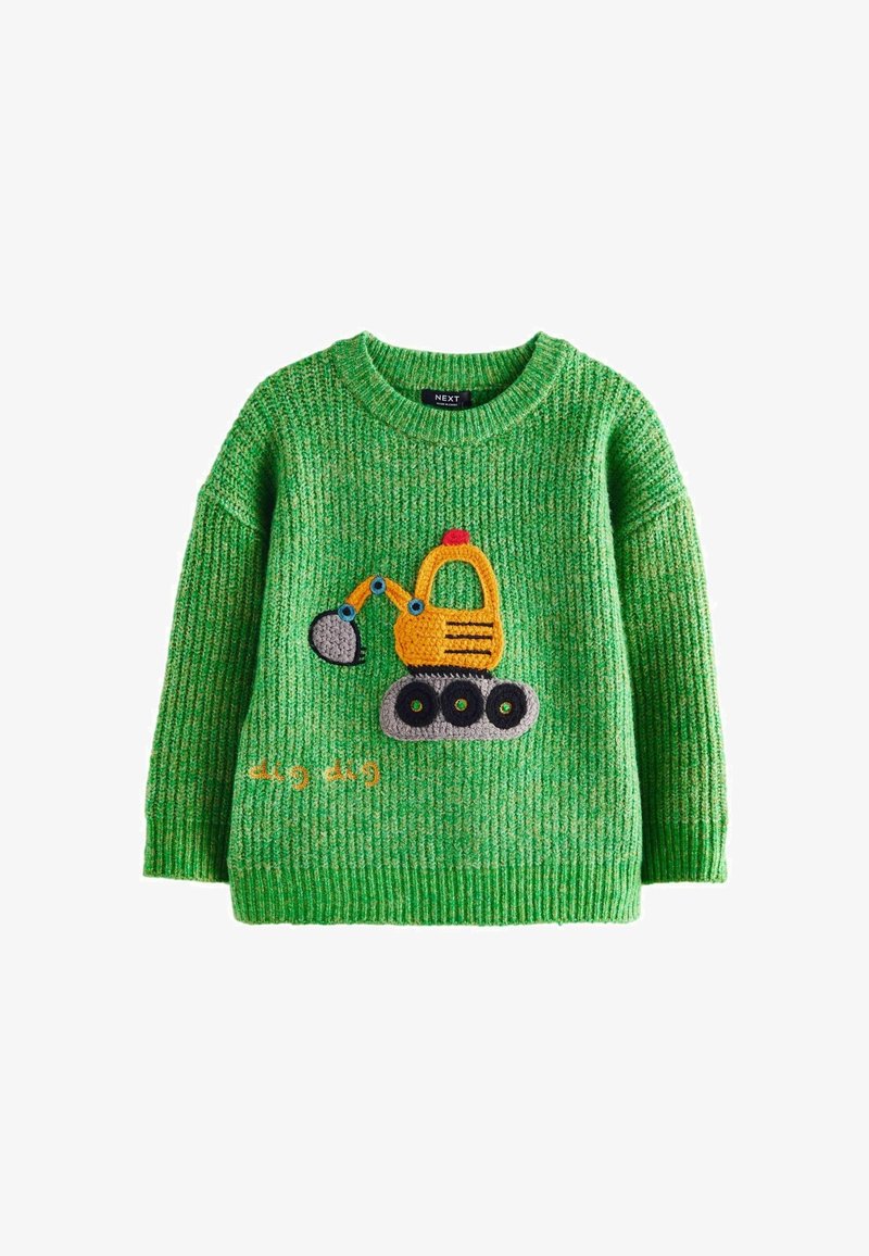 Pull enfant vert tricoté avec un motif de camion pelle jaune et gris et les mots "creuser creuser" brodés en dessous.