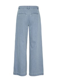 Vaaleansiniset, leveät farkut, jotka on valmistettu denim-kankaasta. Farkuissa on korkea vyötärö, kaksi takataskua ja ommeltu yksityiskohta saumoissa.