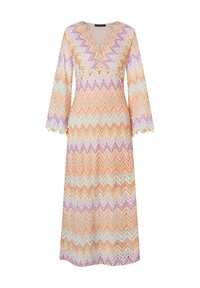 Robe longue avec un décolleté en V, des manches en cloche et un motif en zigzag dans des couleurs pastel d'orange, de lavande et de vert menthe. Tissu léger.