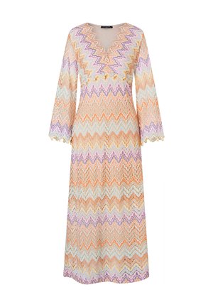 Robe longue avec un décolleté en V, des manches en cloche et un motif en zigzag dans des couleurs pastel d'orange, de lavande et de vert menthe. Tissu léger.