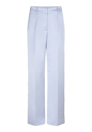Lichtblauwe, wijde broek van een gladde stof, met voorplooien en zijzakken. Klassieke tailleband met riemlussen.