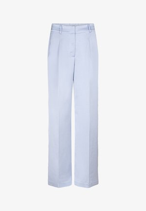 Helle blaue, weit geschnittene Hosen aus einem glatten Stoff mit Vorderfalten und seitlichen Taschen. Klassischer Taillenbund mit Gürtelschlaufen.