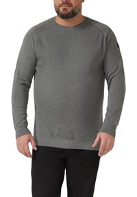 Szary prążkowany sweter z zaokrąglonym dekoltem i długimi rękawami, z dopasowanymi mankietami i dołem. Gładka tekstura o casualowym kroju.