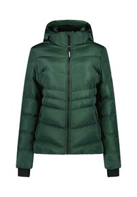 Groene gewatteerde jas met een capuchon, voorzien van een rits aan de voorkant en zijzakken. Het materiaal is glad met een glanzende afwerking en ribgebreide manchetten.