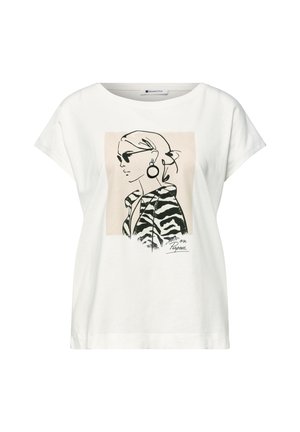 Weißes T-Shirt mit schwarzer Linienzeichnung einer Frau mit Sonnenbrille, Creolen und einer Jacke mit Zebramuster, Text „on Purpose“ am unteren Rand.