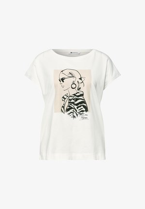 Weißes T-Shirt mit schwarzer Linienzeichnung einer Frau mit Sonnenbrille, Creolen und einer Jacke mit Zebramuster, Text „on Purpose“ am unteren Rand.
