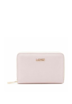 Portefeuille zippé autour en cuir texturé rose clair avec logo LOREDI en ton or et tirette de fermeture éclair assortie.