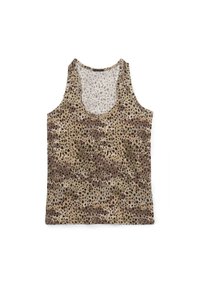 Camiseta sin mangas en una tela ligera; presenta un patrón de manchas en marrón, beige y oliva; escote redondo; ajuste relajado.