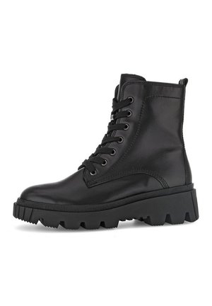 Schwarze Leder-Ankle Boots mit runder Zehenpartie, dicker Gummisohle und Schnürverschluss. Mit einer Ziehschlaufe auf der Rückseite für einfaches An- und Ausziehen.