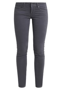 Ciemnoszare skinny jeans o gładkiej fakturze, z pięcioma kieszeniami i zapięciem na guzik. Krój dopasowany wzdłuż nogi.