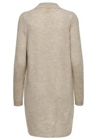 Cardigan long beige tricoté avec manches longues et ourlet droit, vu de dos.