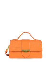 Borsa a tracolla in pelle arancione con forma strutturata, superficie testurizzata, tracolla removibile e dettagli in metallo color oro.