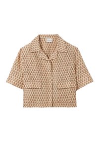 Kortärmad skjorta i beige tyg med ett rött blommönster, med en bred krage och två framfickor med lock.