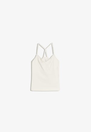 Camisole blanche sans manches avec fines bretelles ajustables et un design croisé dans le dos, posée à plat sur un fond blanc.