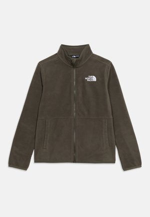 Tumši olīvu zaļa vilnas jaka ar pilnu priekšpuses rāvējslēdzēju, sānu kabatām, stāvus apkakli un baltu The North Face logo uz krūtīm.
