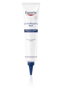 Eucerin UreaRepair Plus Creme Tube, weiß mit blauen Akzenten, 30% Urea, schmale Düse, Text der auf die Anwendung bei sehr trockener Haut hinweist.