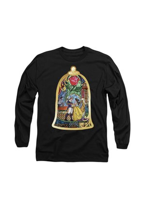 Black long-sleeve t-shirt featuring a colorful stained glass design with a rose, characters dancing inside a bell shape, intricate details.