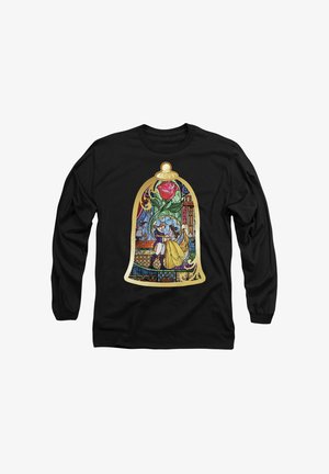 Schwarz langärmliges T-Shirt mit einem bunten Bleiglasdesign, das eine Rose zeigt, Figuren, die innerhalb einer Glockenform tanzen, mit filigranen Details.