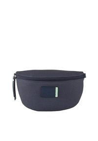 Navyblauwe stoffen zak met een afgeronde vorm, voorzien van een ritssluiting, gestructureerde afwerking en een contrasterend groene accenten label.