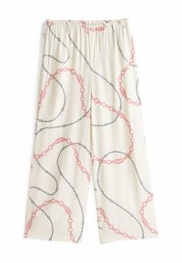 Pantaloni a gamba larga leggeri di colore crema con un motivo a catena rossa e nera. Presentano un cinturino elastico per il comfort.