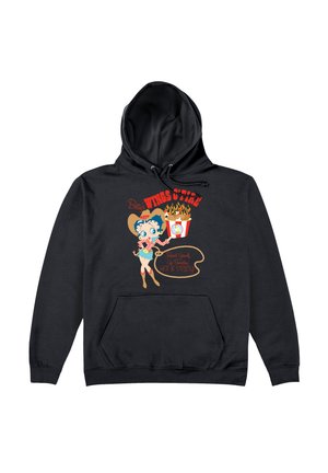 Sort hættetrøje med en lomme foran, der pryder et farverigt grafisk design af en karakter, der holder en popcornbeholder og teksten "Betty's Kings Styre."